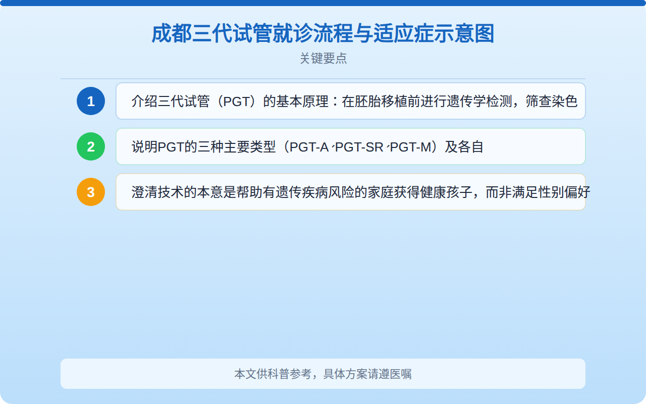 成都三代试管就诊流程与适应症示意图
